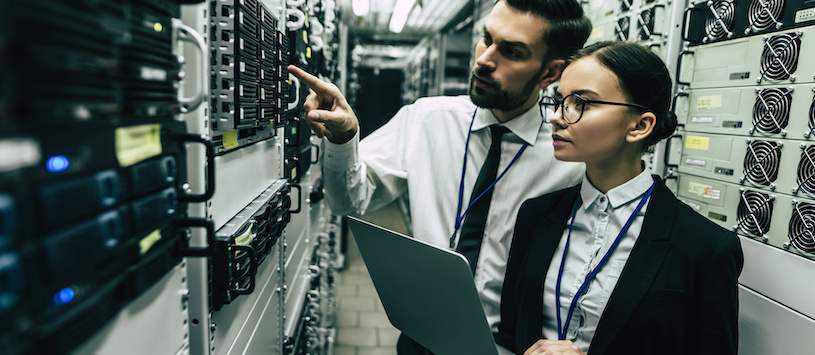 Cybersecurity employees examining wiring.